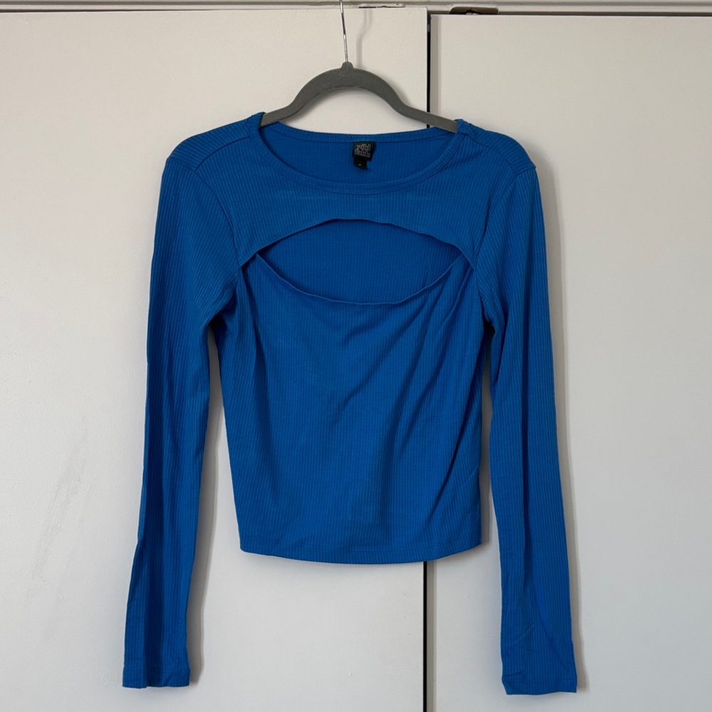 Blue Long Sleeve Cut Out Women's Top